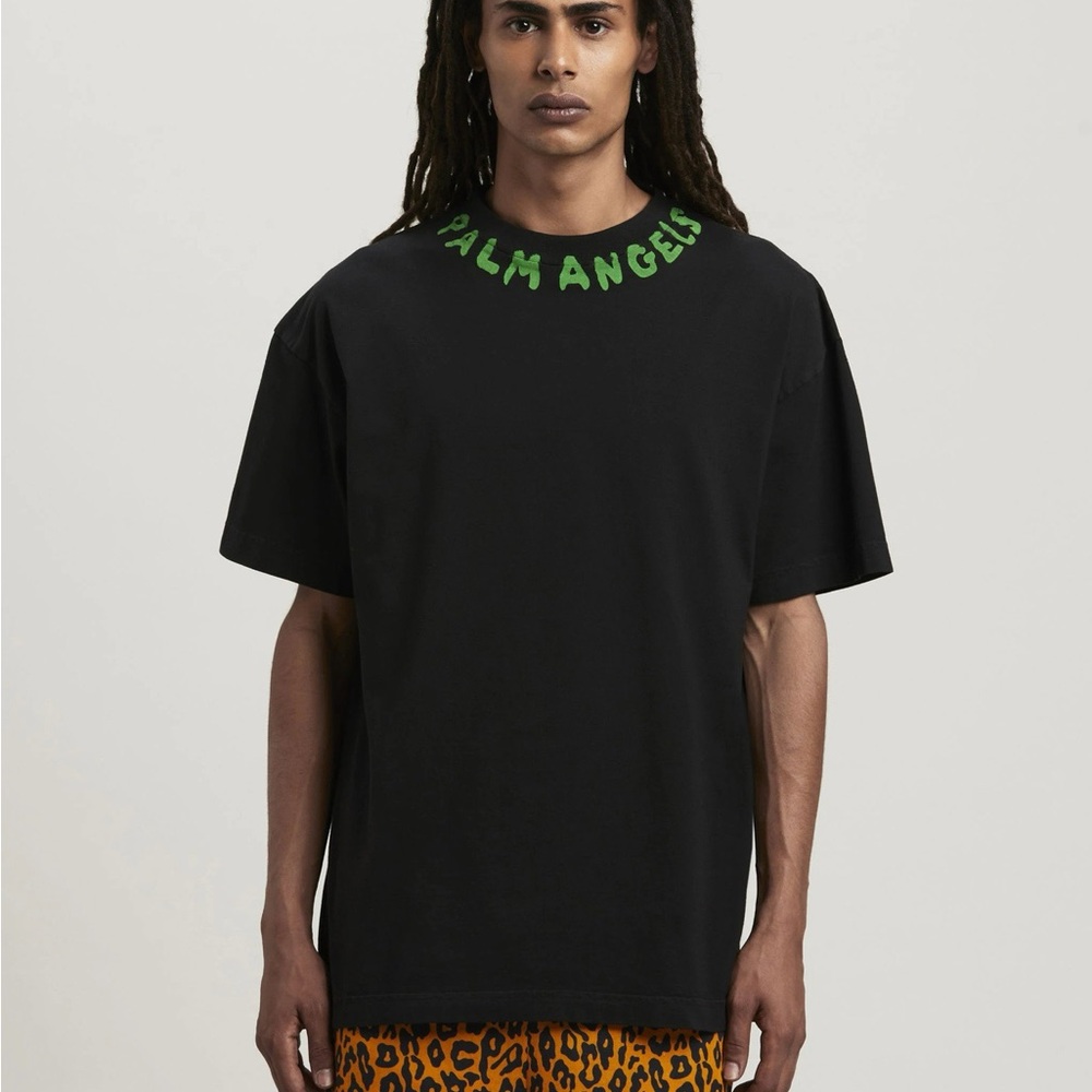 Palm Angels Black Tee with Neon Green Neck Logo